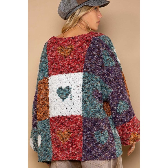 POL Checkerboard Heart Patterned Oversized Cardigan in Red Brick Multi - Picture 5 of 8